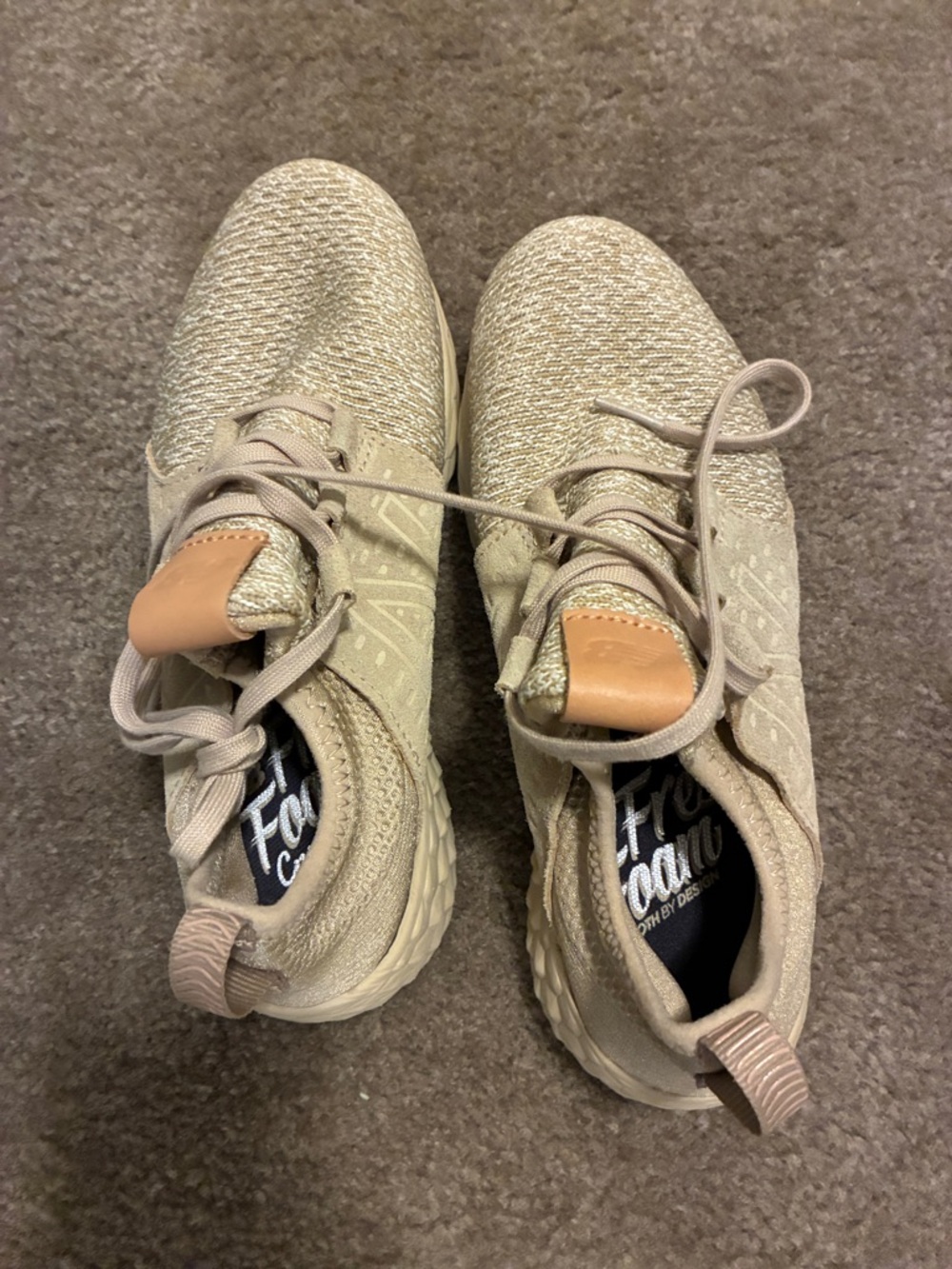New Balance Beige Knit Slip-On Sneakers with Tan Tongue